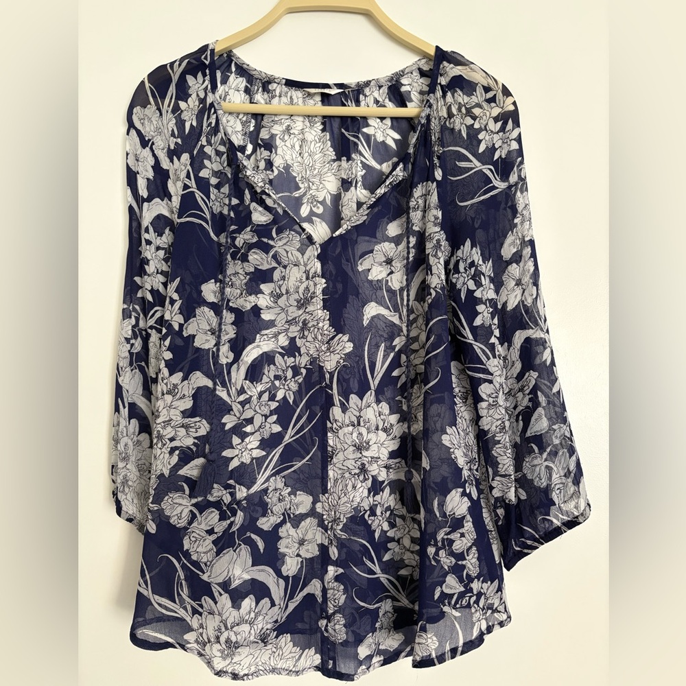 Navy Floral Sheer V-Neck Women's Blouse 3/4 Sleeves